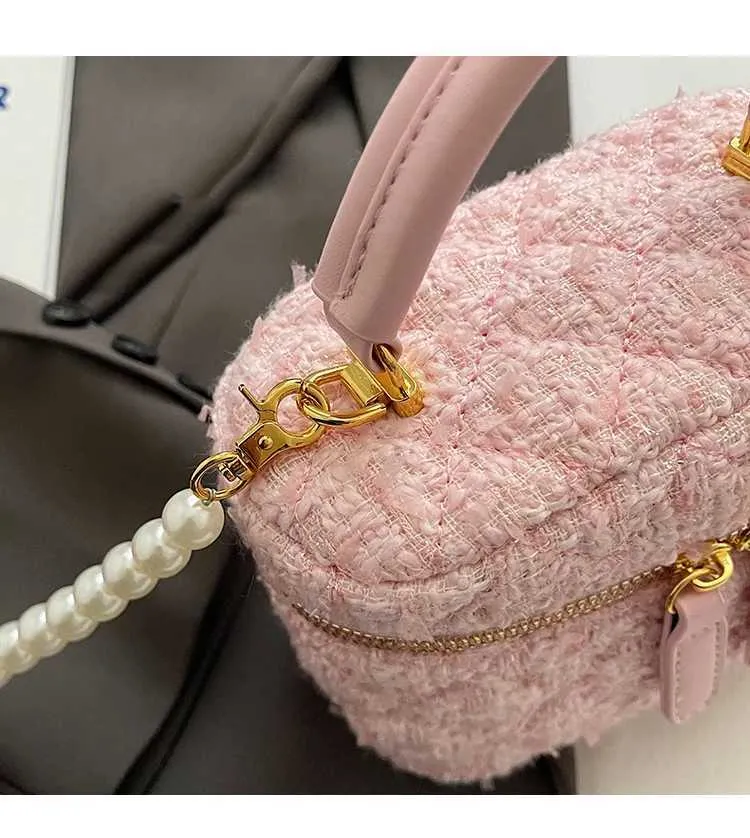 Mini Umhängetasche Für Damen Tweed Karo Klappentasche Perle_voghion.com