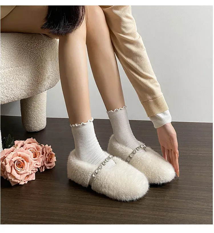 Fashion Leopard Fur Ballet Apartment Water Dia Buckle With Mary Jane Shoes Womens Winter Warm Plush Shallow Load 241122_voghion.com