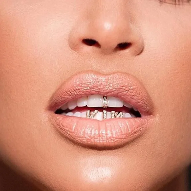 Grillz personnalisé en or blanc avec nom de A à Z et lettres, diamètre complet, zircone cubique, dents Bg, bricolage, grils Fang, capuchon de dent inférieur, hanche_voghion.com