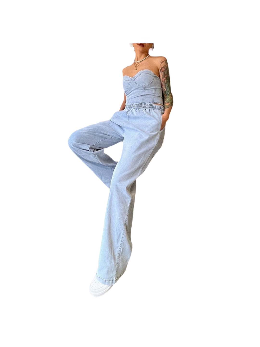 Abbigliamento da donna alla moda, senza maniche, casual, elasticizzato, in denim, due pezzi_voghion.com