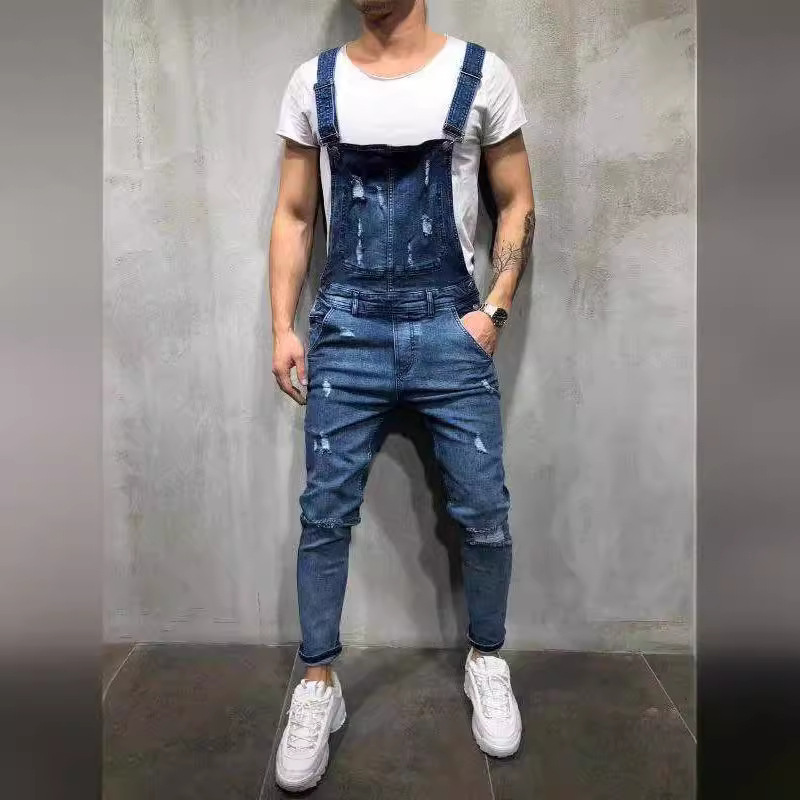 Denim-perforierte neue Herren-Trägerhose_voghion.com
