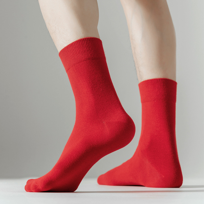 5pcs Lu Mi's zodiac year red socks pure cotton men and women couple sweat-absorbent breathable middle tube socks big red socks wedding socks_voghion.com