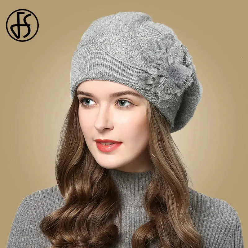 F Rabbit Berets Knitted Wool Hats Winter wers Warm Female Cap Girls Beanies Fur Hat Gorros Bonnet Femme Hiver 2023_voghion.com
