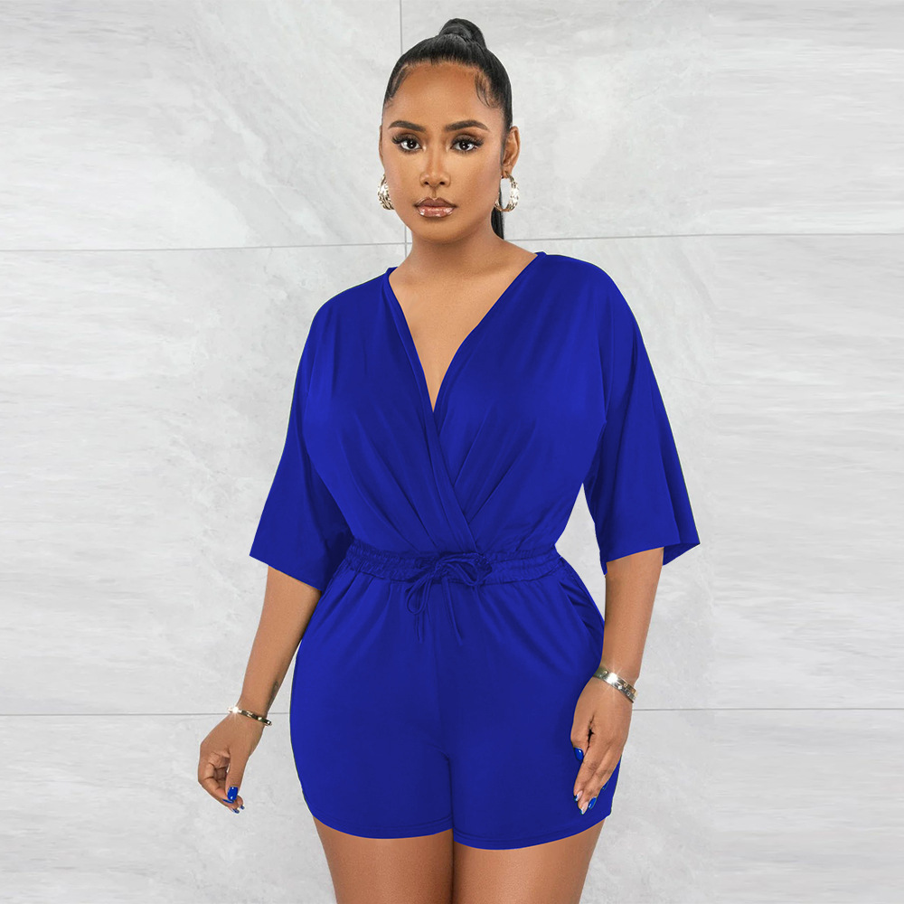 Women's V-neck Jumpsuit Solid Colour Waist Casual Short Romper_voghion.com