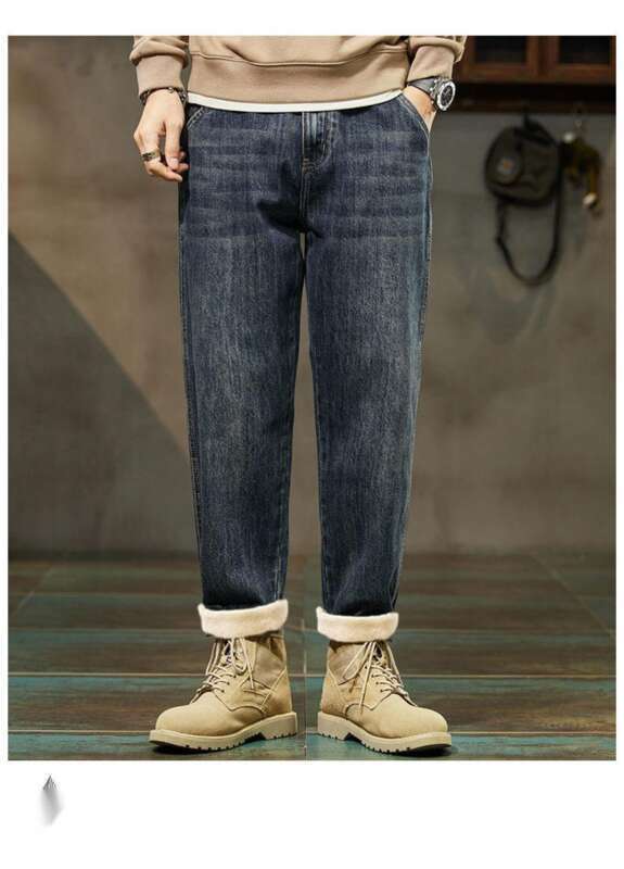 Herr jeans med fleecefoder lösa vinterbyxor arbetsbyxor stil_voghion.com