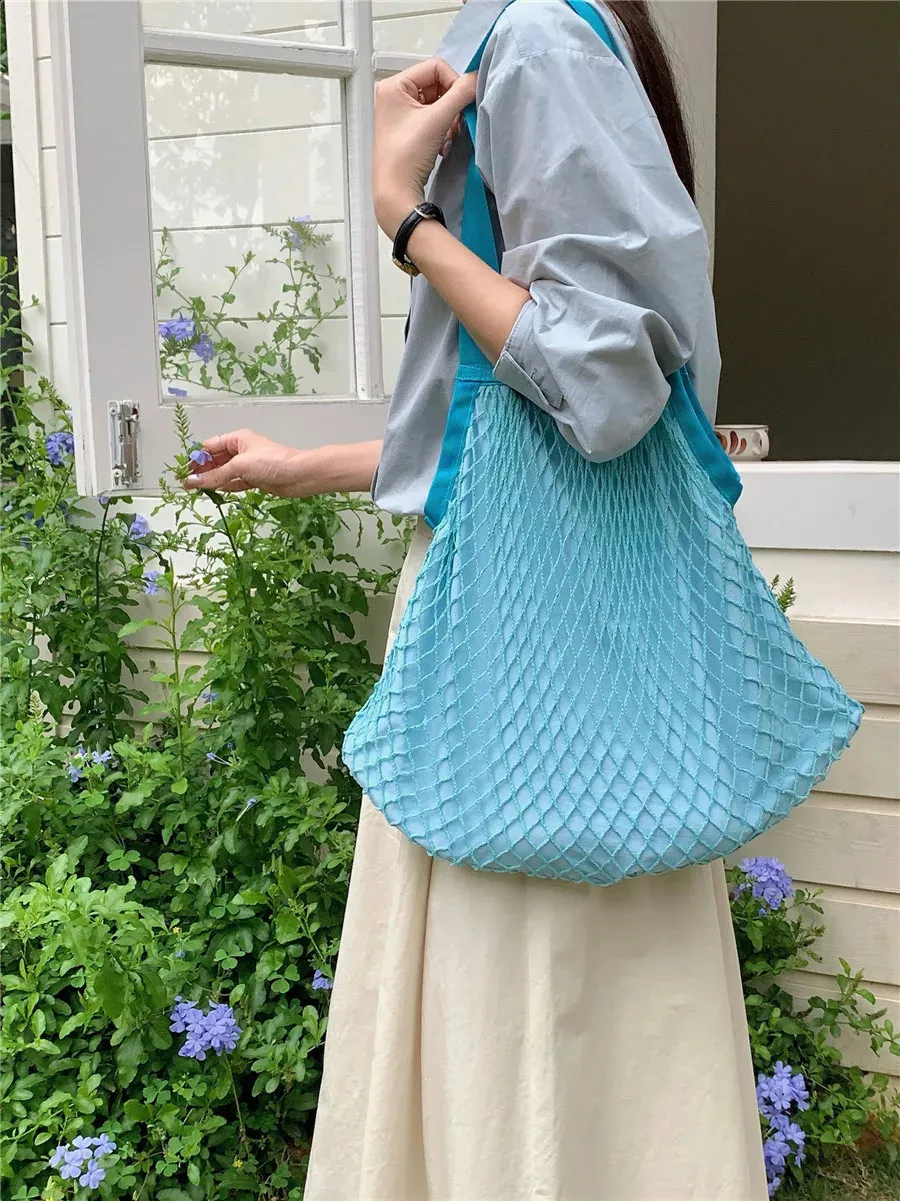 Borsa a rete intrecciata alla moda per donna, borsa a tracolla casual da donna, grande capacità, grande tote bolsa 240823_voghion.com