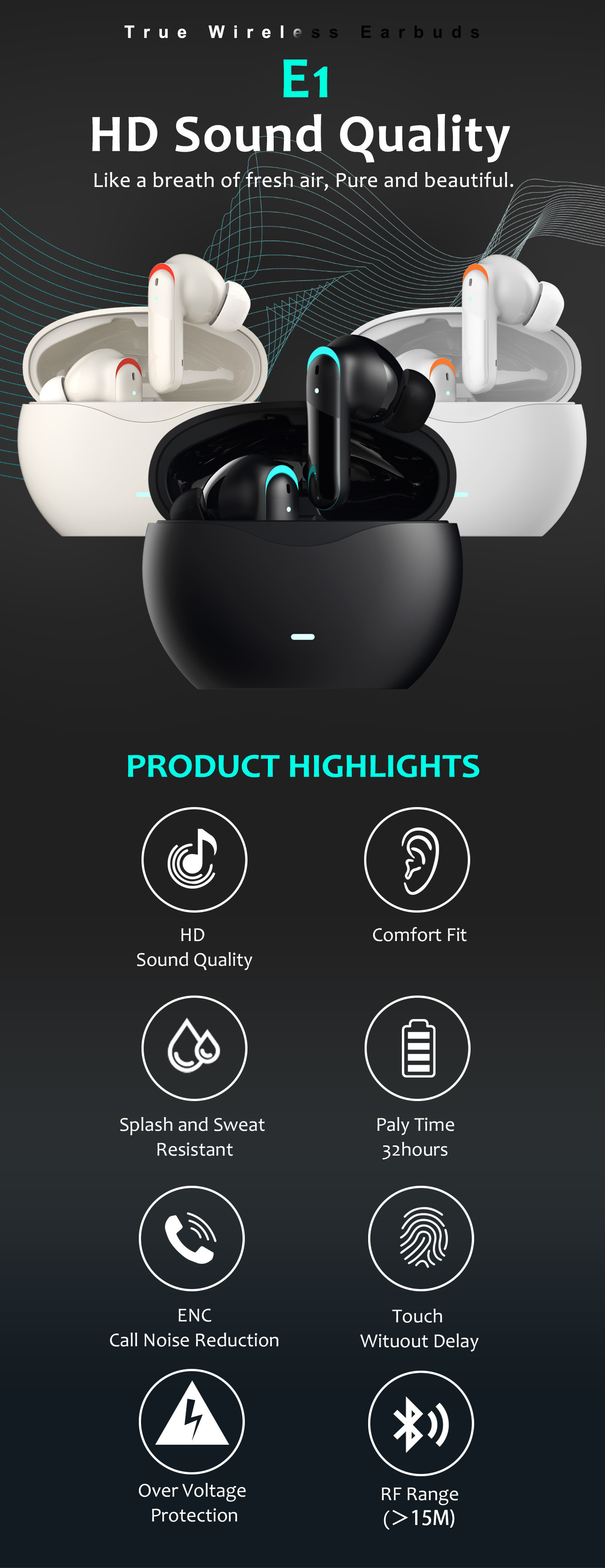 2024 E1 Bluetooth Headset In-Ear Music Headset Low Latency Sports Bluetooth Headset_voghion.com