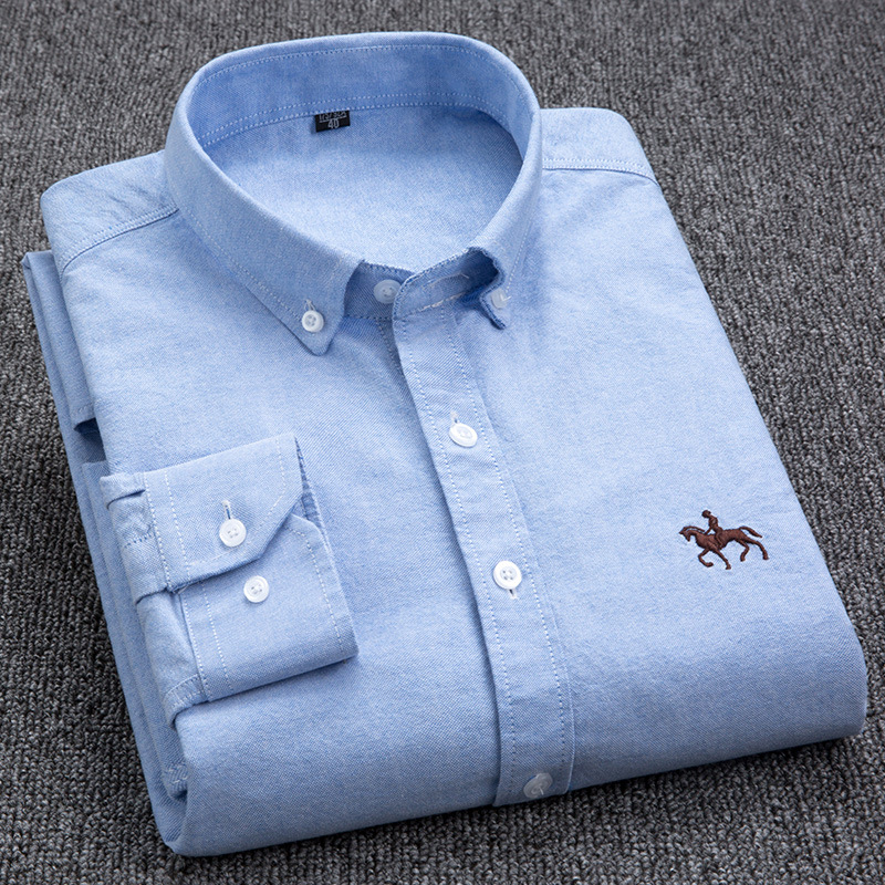Vêtements pour hommes Chemise Oxford à manches longues pour hommes d'âge moyen et jeunes avec broderie