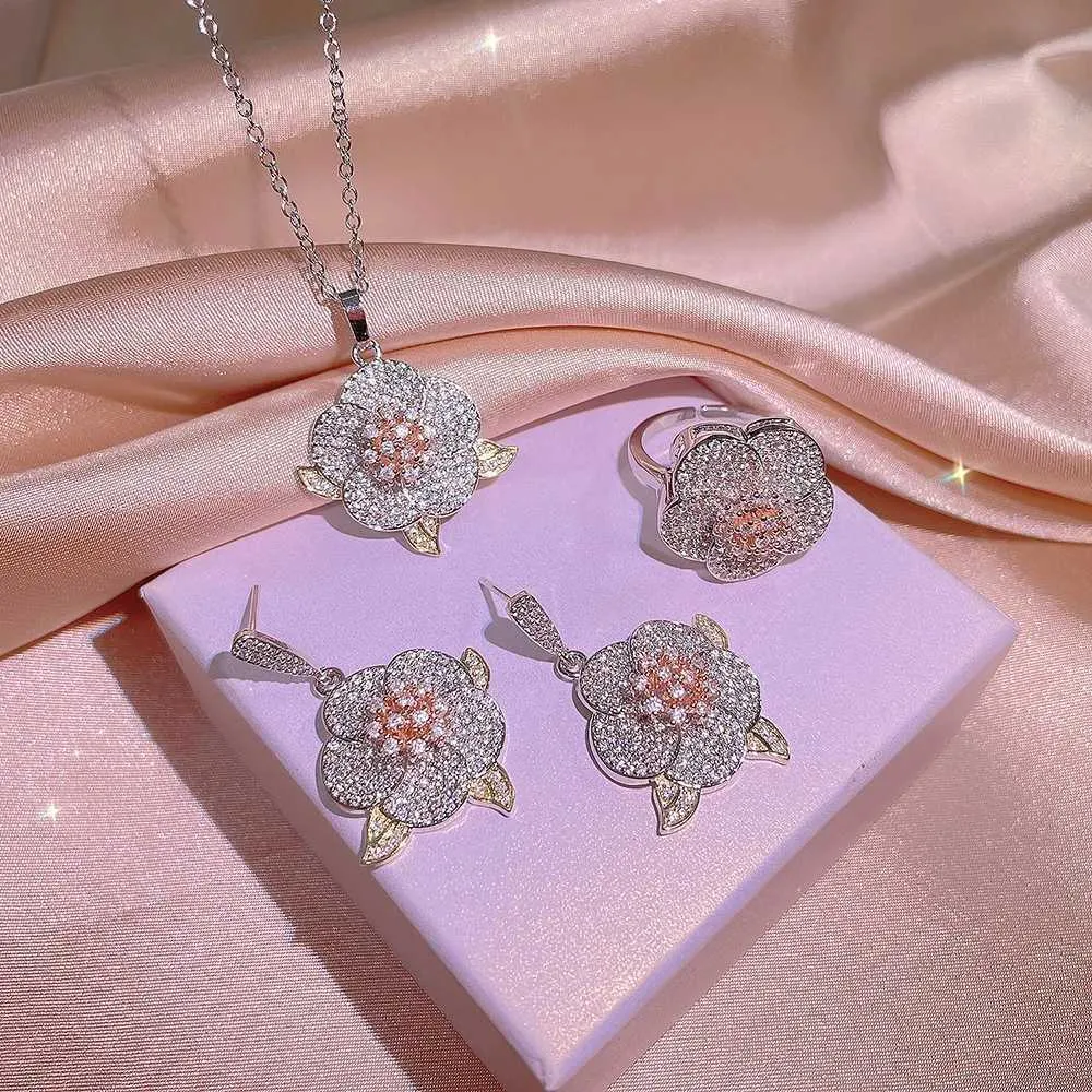 Ensembles de bijoux de mariage en argent sterling, bagues en diamant en grappe, type fleur pour femmes, trois pièces, cadeaux de fiançailles complets pour femmes_voghion.com