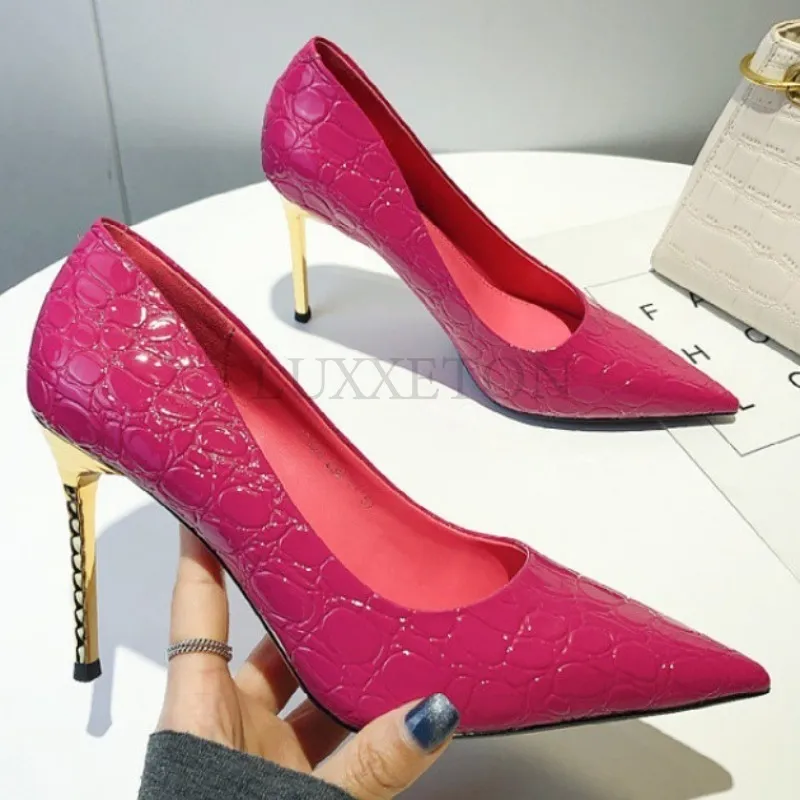 Weibliche High Heels Sexy Pumps mit Handtasche Sets Krokodil Pu Büro Dame Kleid Party Schuhe Match Frauen Gripsack Braun_voghion.com