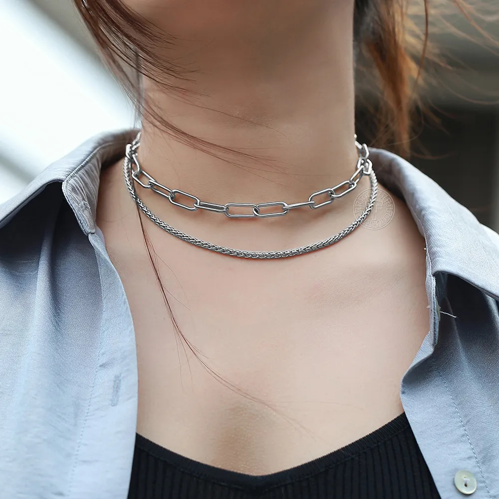 Pendant Necklaces Double Layer Women Necklace Stainless Steel Box Link Paperclip Chain Choker For Girls Sier Color_voghion.com