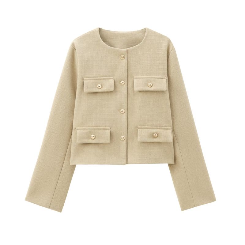 Damenbekleidung Mode Knopf Dekoration kurze Anzugjacke_voghion.com
