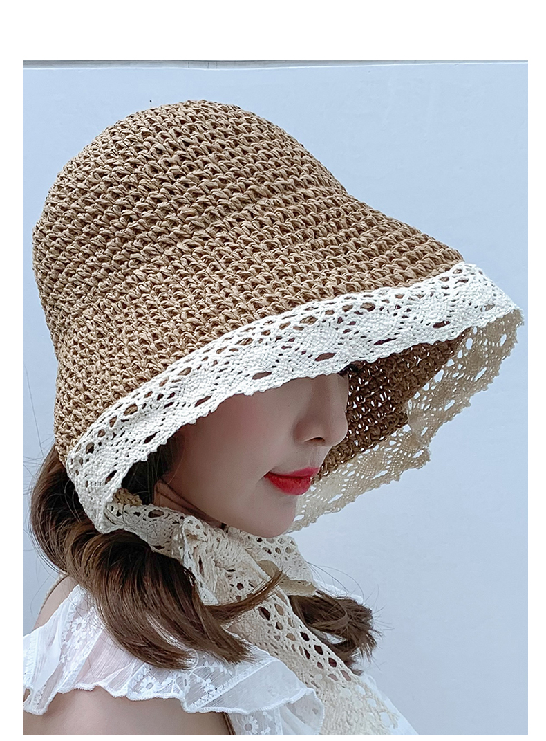 Internet famous straw female summer lace tied hat, fresh refreshing beach vacation, sun protection and shading hat strap_voghion.com
