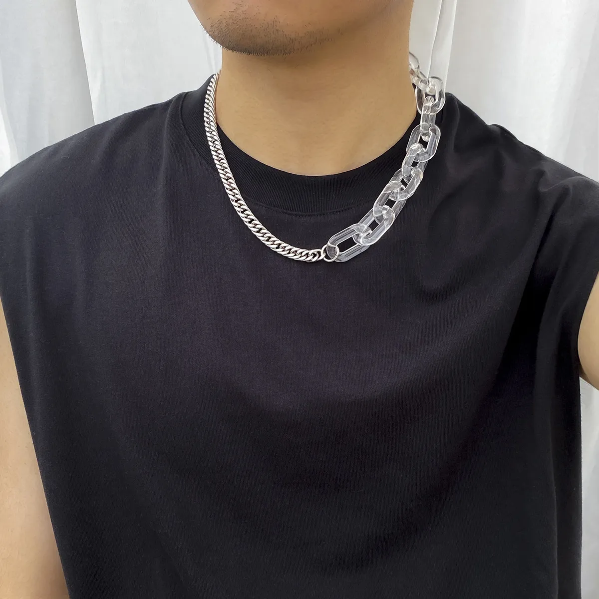Collier en chaîne en métal simple et transparent en acrylique avec épissure pour le cou et la clavicule, bijoux pour hommes_voghion.com