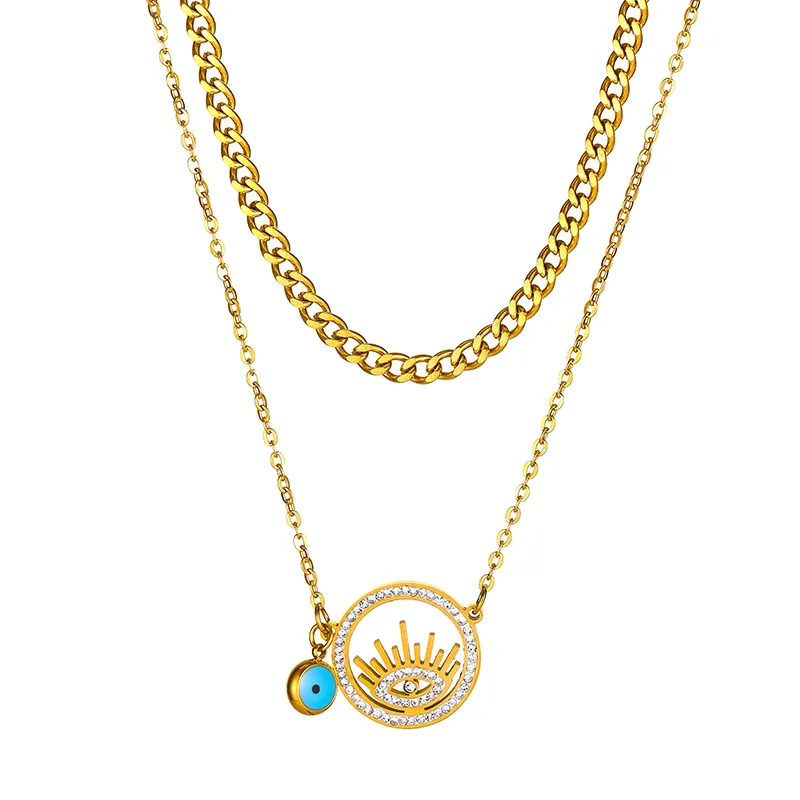 Eye Shaped Layered Chain Necklace In Stainless Steel Jewellery_voghion.com