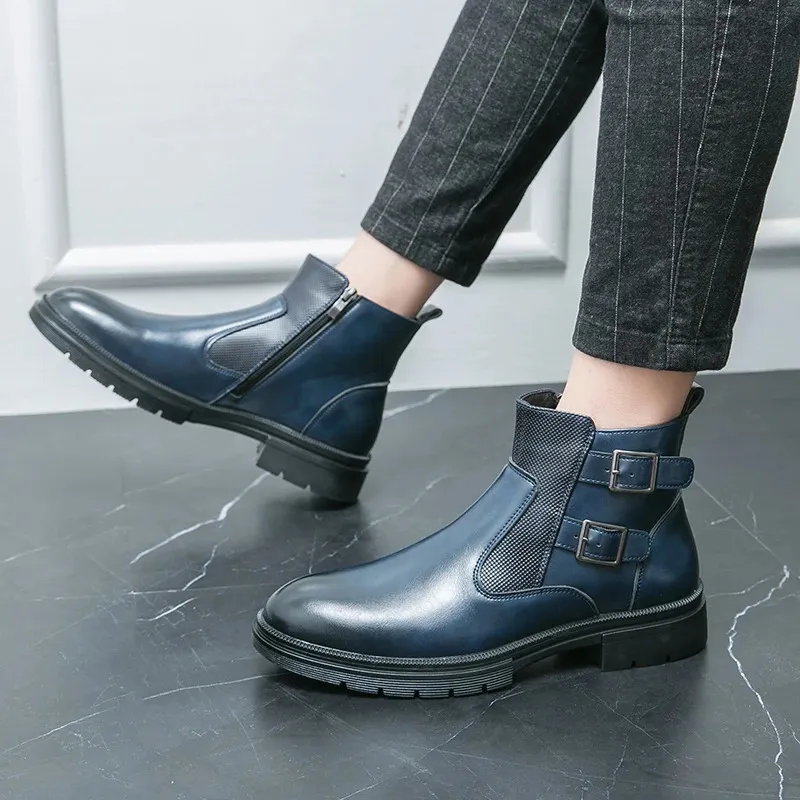Classic Leather Business Ankle Boots For Men With Double Buckle_voghion.com
