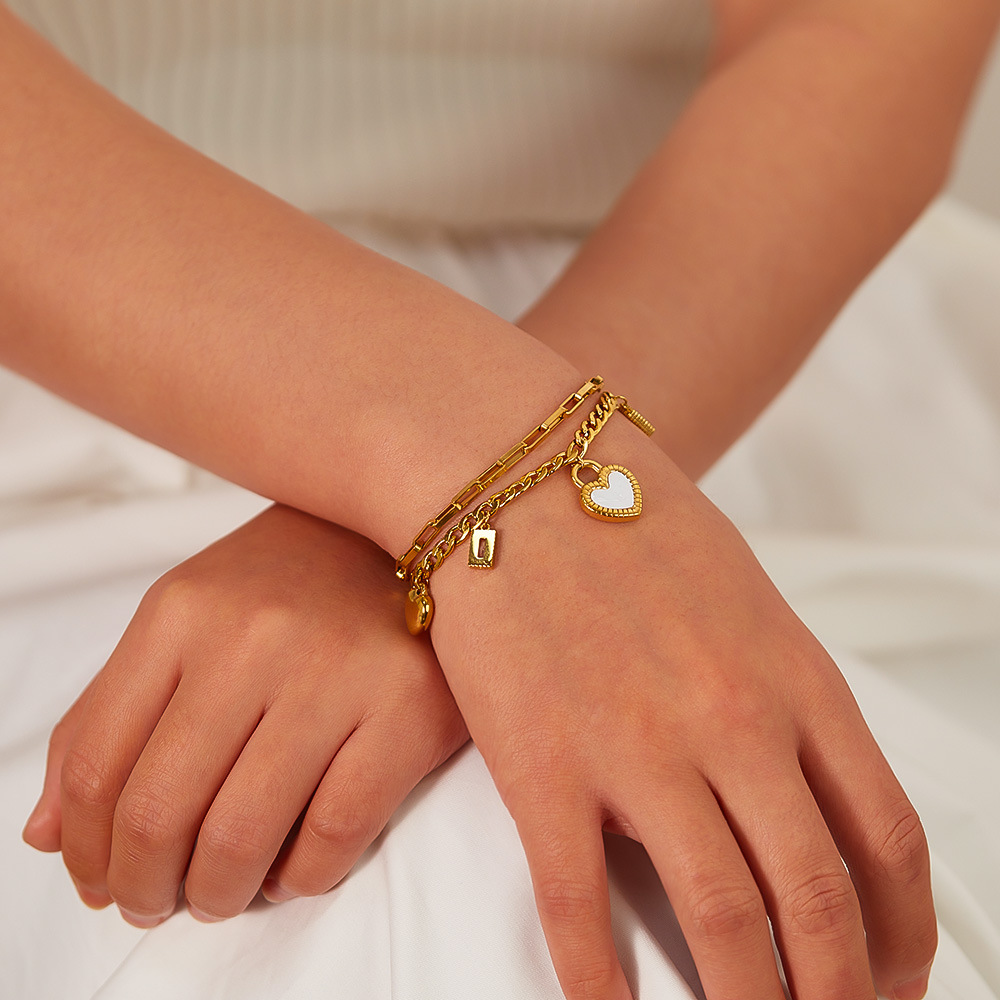 Double Layers Loving Heart Mother Shell Twin Chain Stainless Steel Bracelet_voghion.com