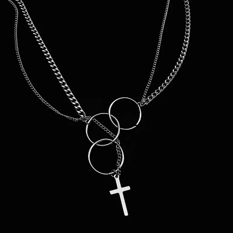Warstwowy naszyjnik z łańcuchem krzyżem i kołami rock unisex_voghion.com