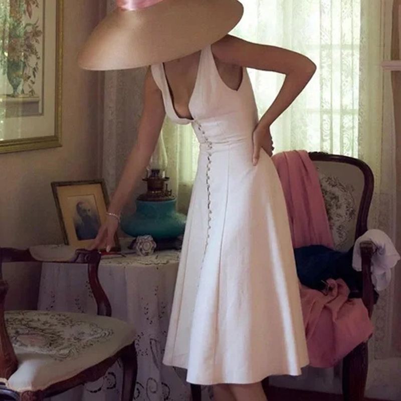 Women’s Clothing Fashion Sexy Backless V Neck Mid Length Skirt Waist Slimming Temperament Elegant Dress