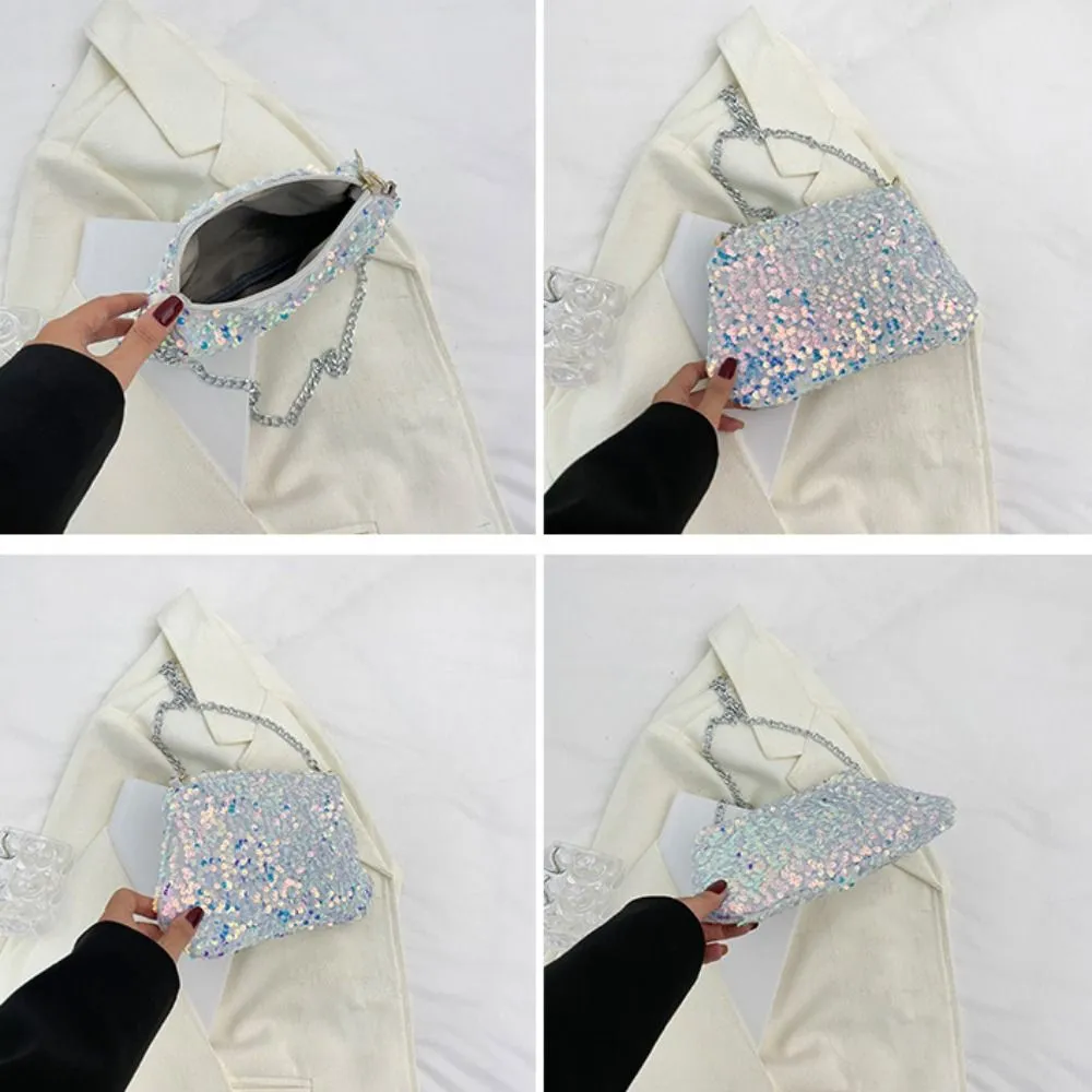 Borsa a tracolla con catena, tinta unita, stile coreano, con paillettes, per telefono, da sera, per cena e feste_voghion.com