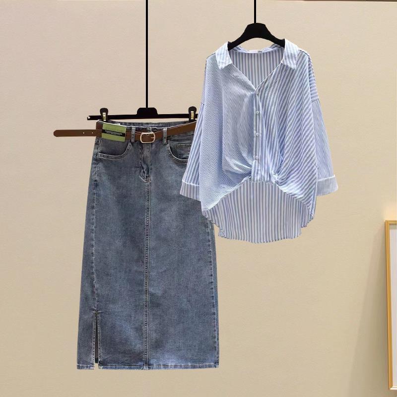 Women's Clothing Summer suit new striped shirt with high waist denim skirt two piece suit