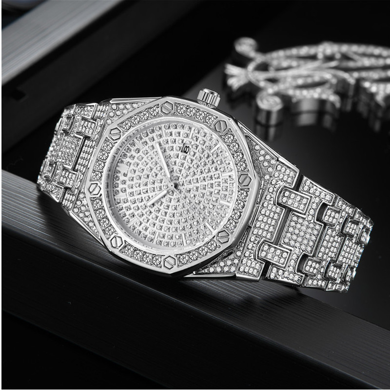 Men's Hip Hop Luxury Diamond Accent Gold-Tone Quartz Watch With Date Display, Alloy Case & Band, Butterfly Clasp_voghion.com