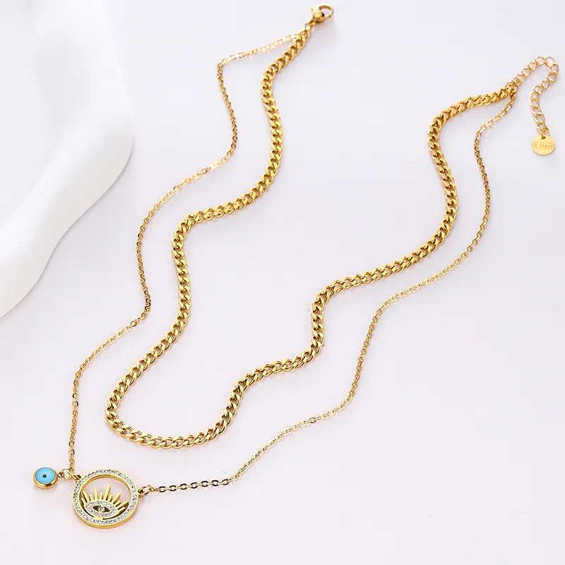 Eye Shaped Layered Chain Necklace In Stainless Steel Jewellery_voghion.com