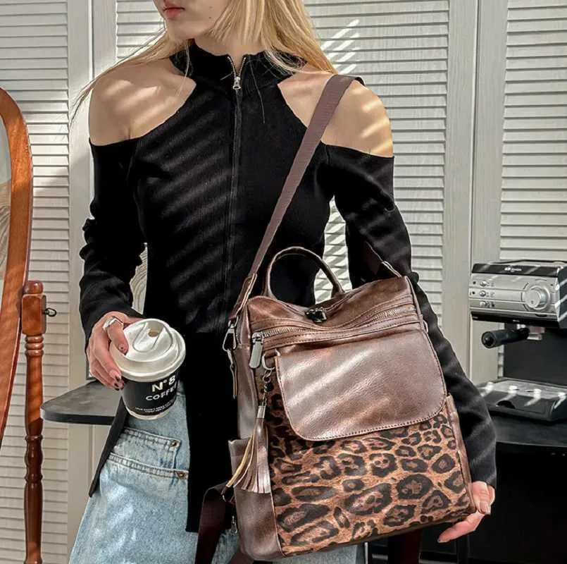 Sacs à dos de voyage en cuir vintage léopard pour femmes, nouvelle mode, grande capacité, sacs à bandoulière, fourre-tout, sac d'école, bandoulière_voghion.com