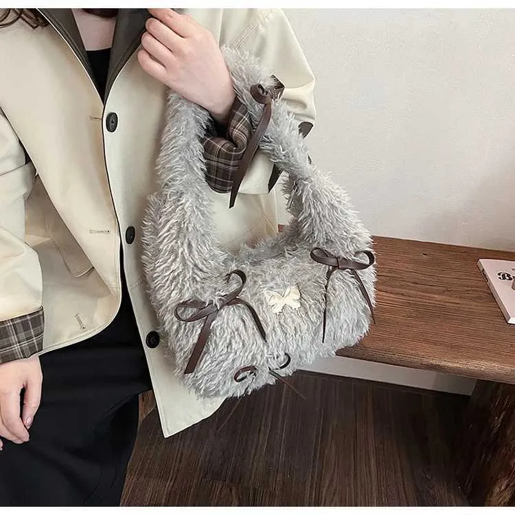Sac à main en peluche douce pour femme, solide, moelleux, nœuds, appliques, épaule, femme, automne, hiver, mignon, sous les aisselles, paquets, poignée, dame_voghion.com
