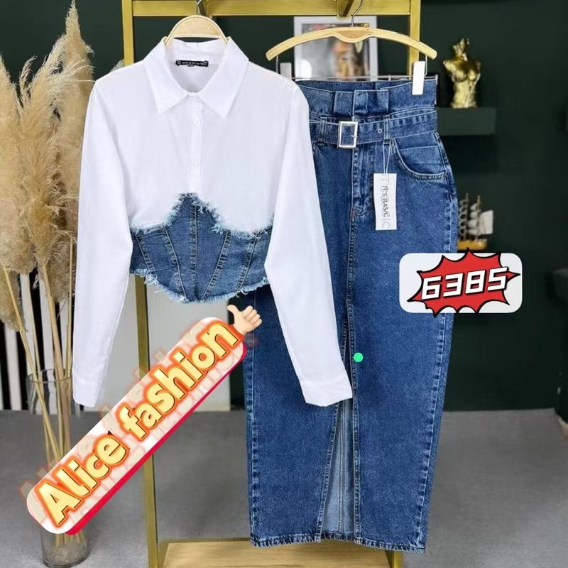 Vêtements pour femmes, chemise à manches longues en denim épissé, robe fendue en denim, costume deux pièces