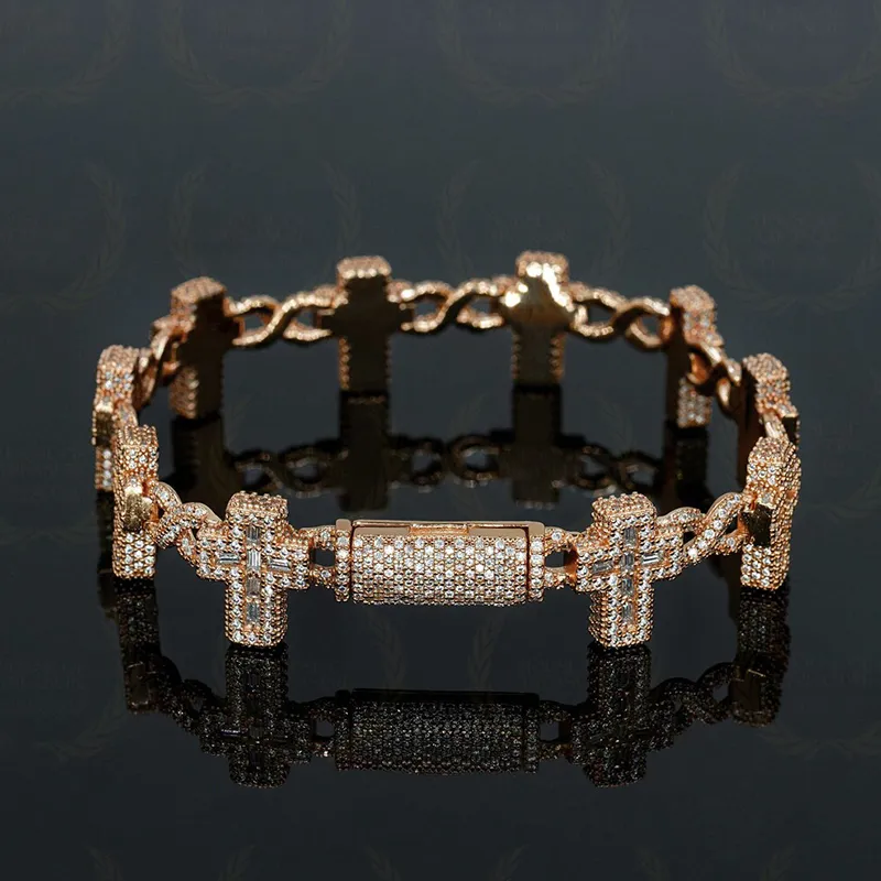 Cadena de eslabones cubanos con cruz de moissanita y baguette VVS con helado de plata de ley GRA de Christian Hip Hop Pass para hombres y mujeres_voghion.com