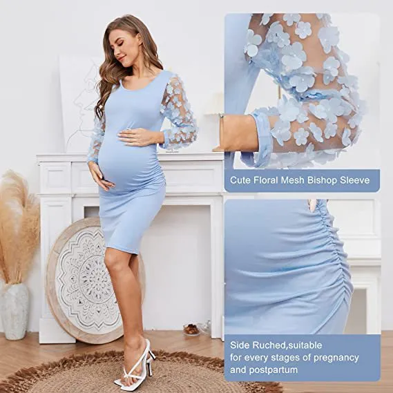 Women Flower Sleeved Photography Props Stretch Long Maternity Dresses for Pregnant Photo Shoot Clothing_voghion.com