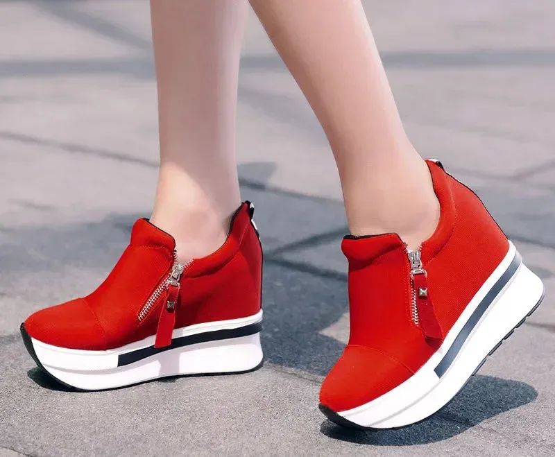 Pantofi sport dama cu platformă, roșii, casual, confortabili, din pânză neagră, cu toc înalt, Tenis Atos Mujer 241122_voghion.com