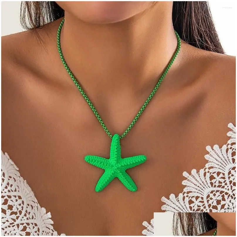 Pendant Necklaces Punk Boho Colorf Iron Chain Big Starfish Star Choker Necklace Women Creative Box Link Y2K Vacation_voghion.com