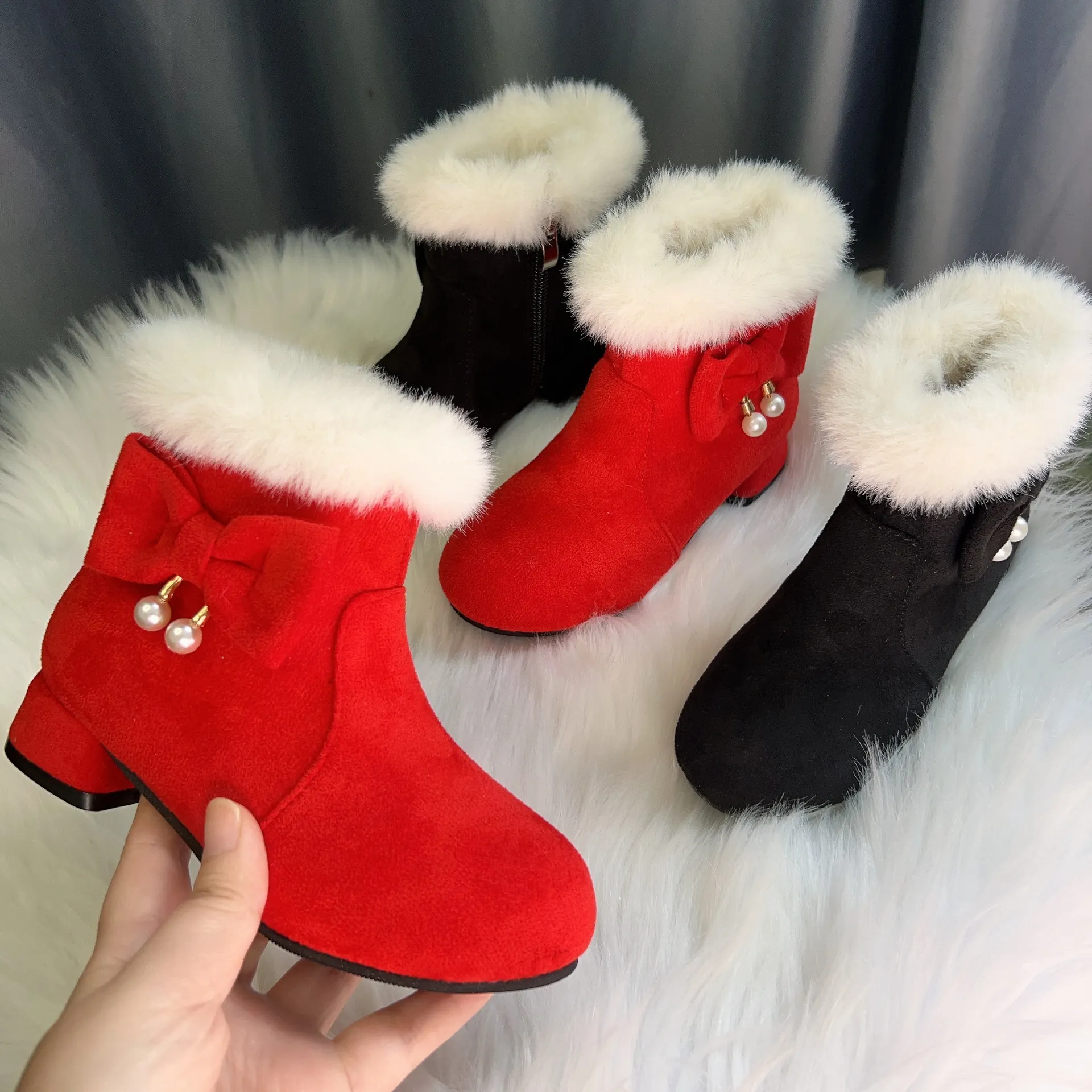 Rot Schwarz Mädchen Schnee Winter Bequem Dicke Warme Mädchen Kinder Kleinkind Happysteps Kinder Wildleder Kurze Outdoor Stiefel Größe_voghion.com