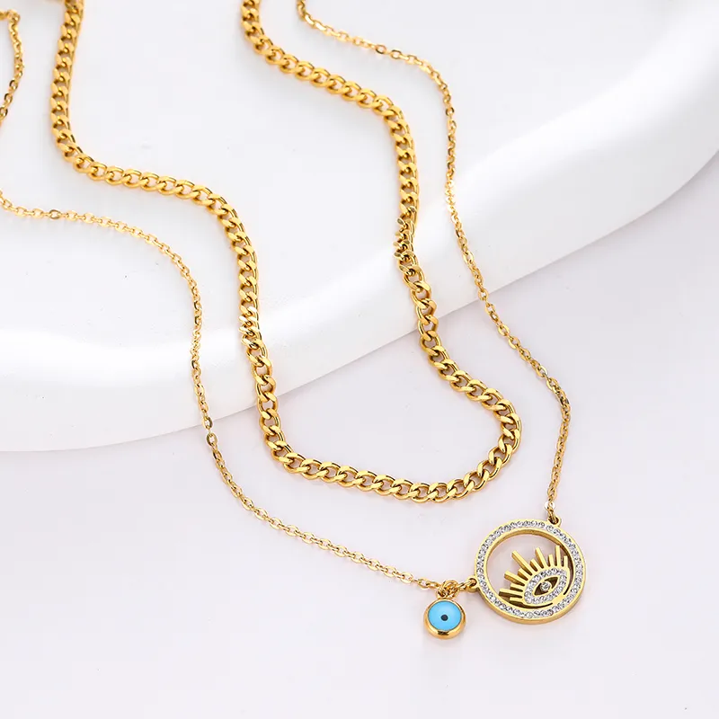 Eye Shaped Layered Chain Necklace In Stainless Steel Jewellery_voghion.com