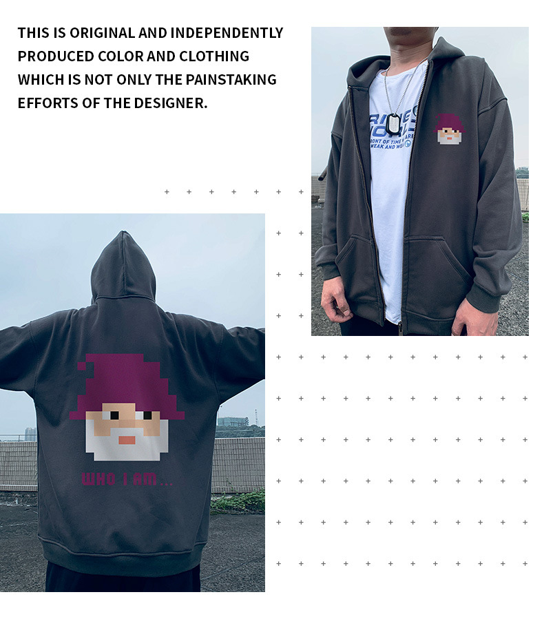 Americký oversized kardigan, mikina s kapucí, Instagram, trendy pánské oblečení s oversized kapucí, podzimní a zimní šedá_voghion.com