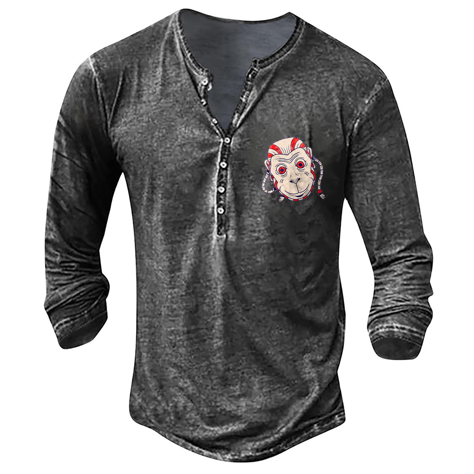 Men's Autumn and Winter Monkey Head Printed Loose Oversized Casual Long Sleeved Collarless Men's T-shirt_voghion.com