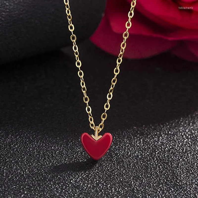 Chaînes en argent sterling avec pendentif en forme de cœur rouge et simple, chaîne plaquée or pour femme, colliers fins et légers_voghion.com