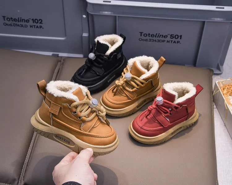 Toddler PU Leather Snow Children Thick Warm Boy's Cotton Anti-slip Girl Fur Boots For Cutefeet Kids Winter Plush Shoes_desvips.com