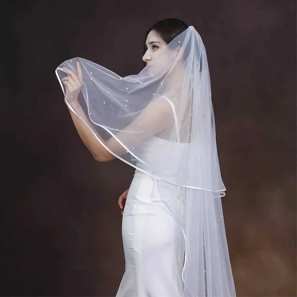 Haarschmuck Perlen Perlen Braut 2 Tier Lange Kathedrale Schleier Band Rand Mit Kamm Drop Stil Brautkleider_voghion.com