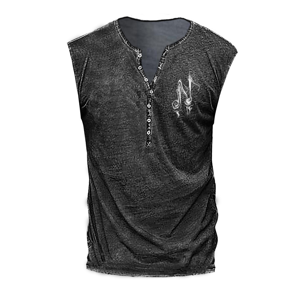 Music Character Youth Men's Printed Collarless Casual Tank Top Large Men's Vest_voghion.com