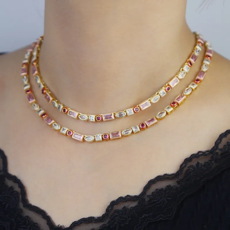 Catene arcobaleno geometrico varie forme zirconia cubica tennis catena girocollo collana castone smalto moda donna_voghion.com