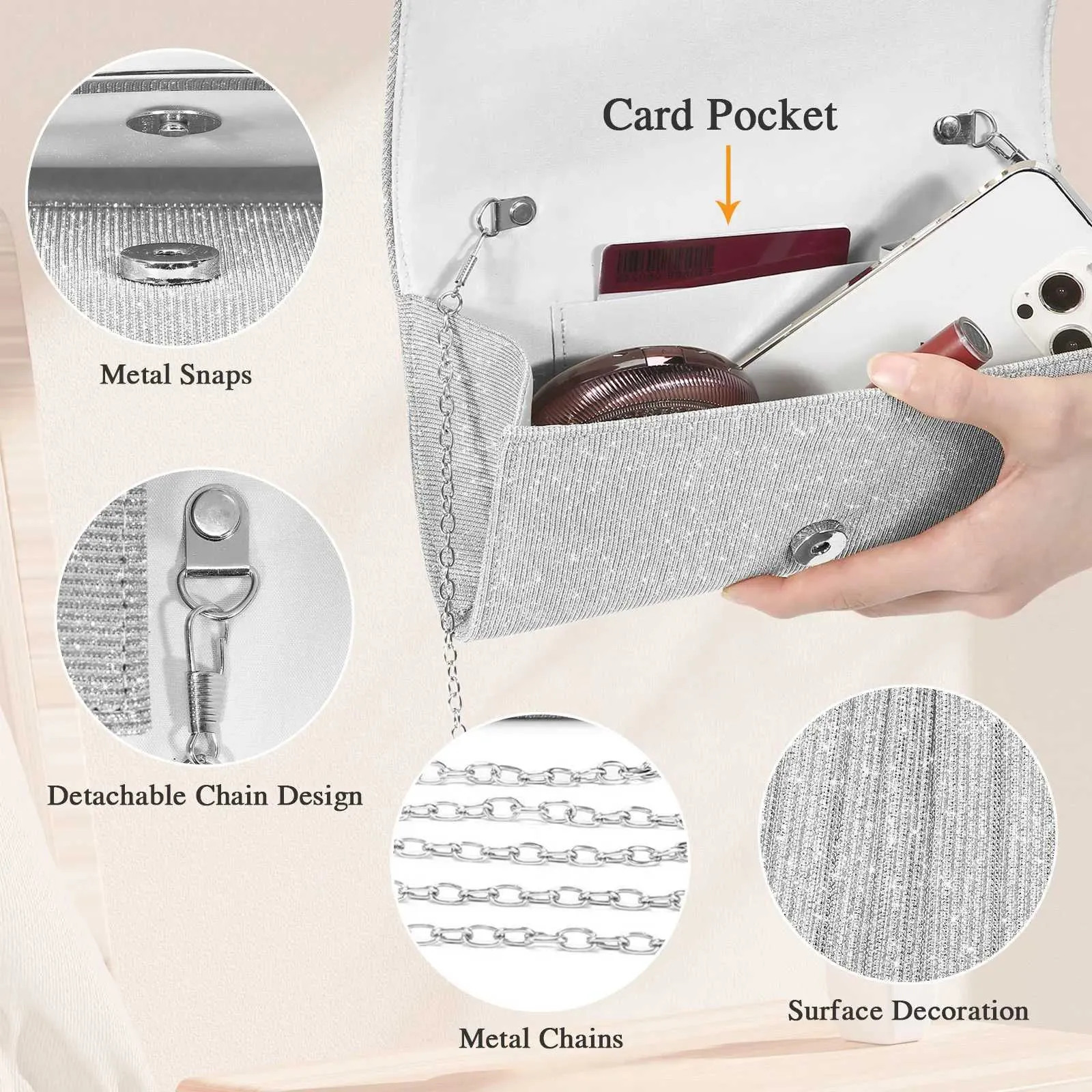 Kadın Akşam Parlayan Flaş Çanta Metal Zincir Omuz Çapraz Çanta Düğün Parti Ziyafet Clutch Cüzdan Y241019_voghion.com