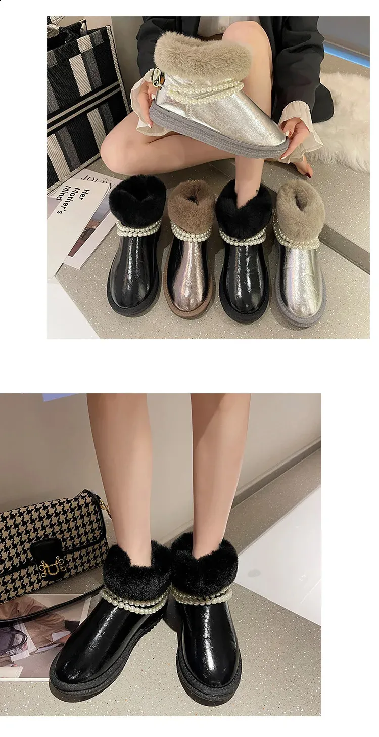 Bead Fur Snow Patent Leather Warm Wrinkle Student botte Womens Sliding Thick Bottom Wool Winter Boots Women 240904_voghion.com