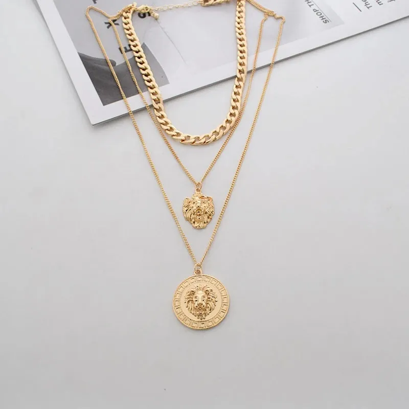 Colliers pendentifs style punk, chaîne en métal doré multicouches, motif lion, collier rond en pièces de monnaie pour femmes_voghion.com