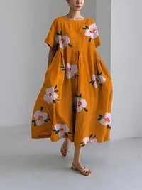 Women's clothing loose round neck fashion high-end short-sleeved printed dress_voghion.com