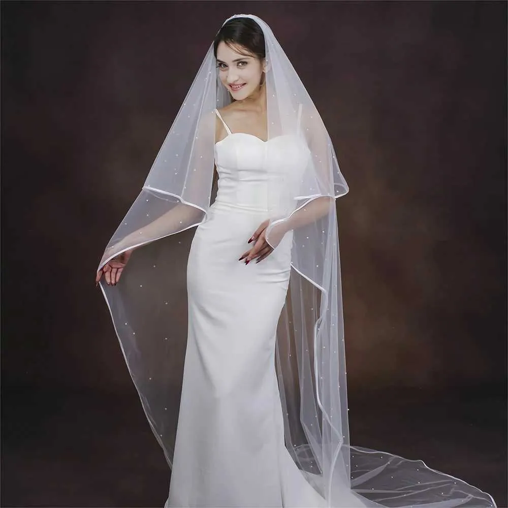 Haarschmuck Perlen Perlen Braut 2 Tier Lange Kathedrale Schleier Band Rand Mit Kamm Drop Stil Brautkleider_voghion.com