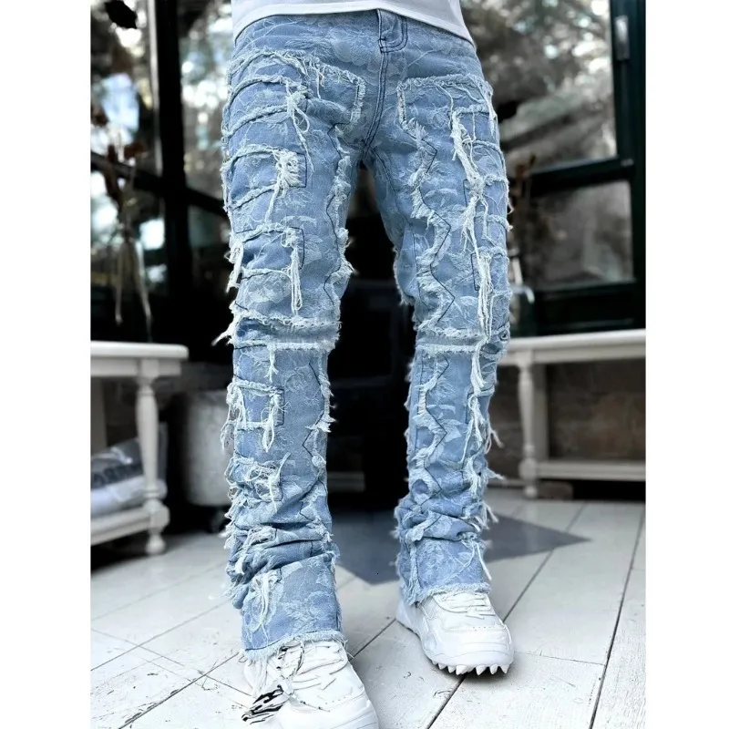 E15E Herren Stacked Jeans Fit Zerrissene Destroyed Gerade Jeanshose Vintage Hip Hop Hose Streetwear 240415_voghion.com