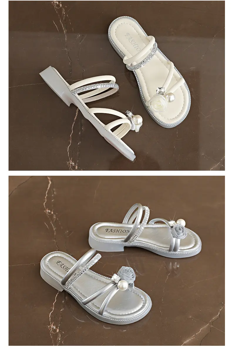 Elegant Women's Pearl Rhinestone Flat Sandals Low Block Heel Slide_voghion.com